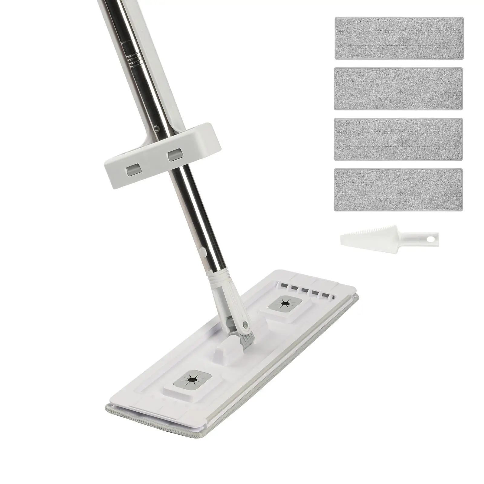 Self Wringing Microfiber Flat Floor Mop with Stainless Steel Handle and 4 Reusable Washable Pads for Wet and for dry Cleaning on for hardwood Laminate Tile and Vinyl Floors