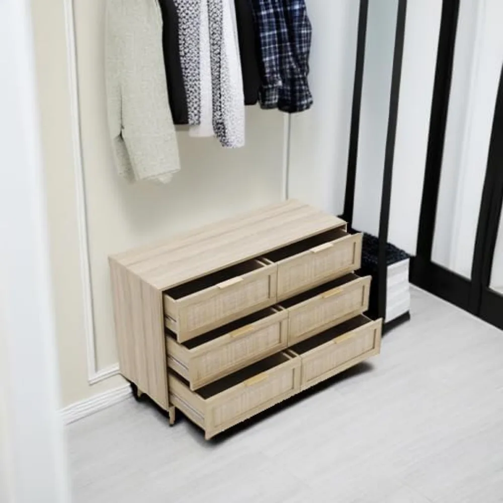 Rattan Dresser for Bedroom, 6 Drawer Wide Dresser, Boho&Farmhouse Chest of Drawers, 43" Clothes Storage Cabinet, Metal Handle image 5