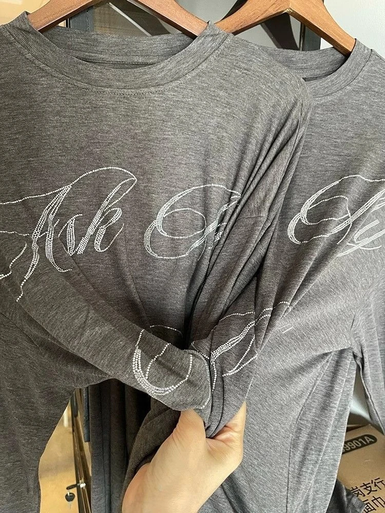 HOUZHOU Oversized Gray T-shirts Women Korean Style Long Sleeve Tees Letter Rhinestone Thin Tops Casual Vintage Harajuku Fashion