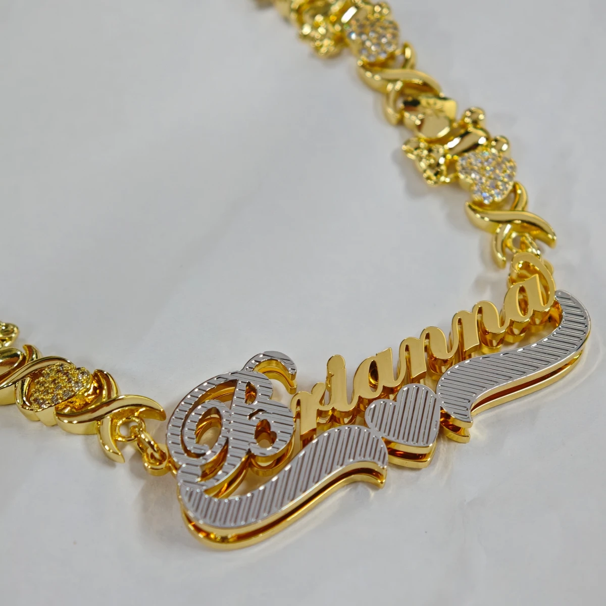 Customized stainless steel name jewelry dual color 3D double-layer bear zircon Xoxo necklace personalized custom jewelry for wom