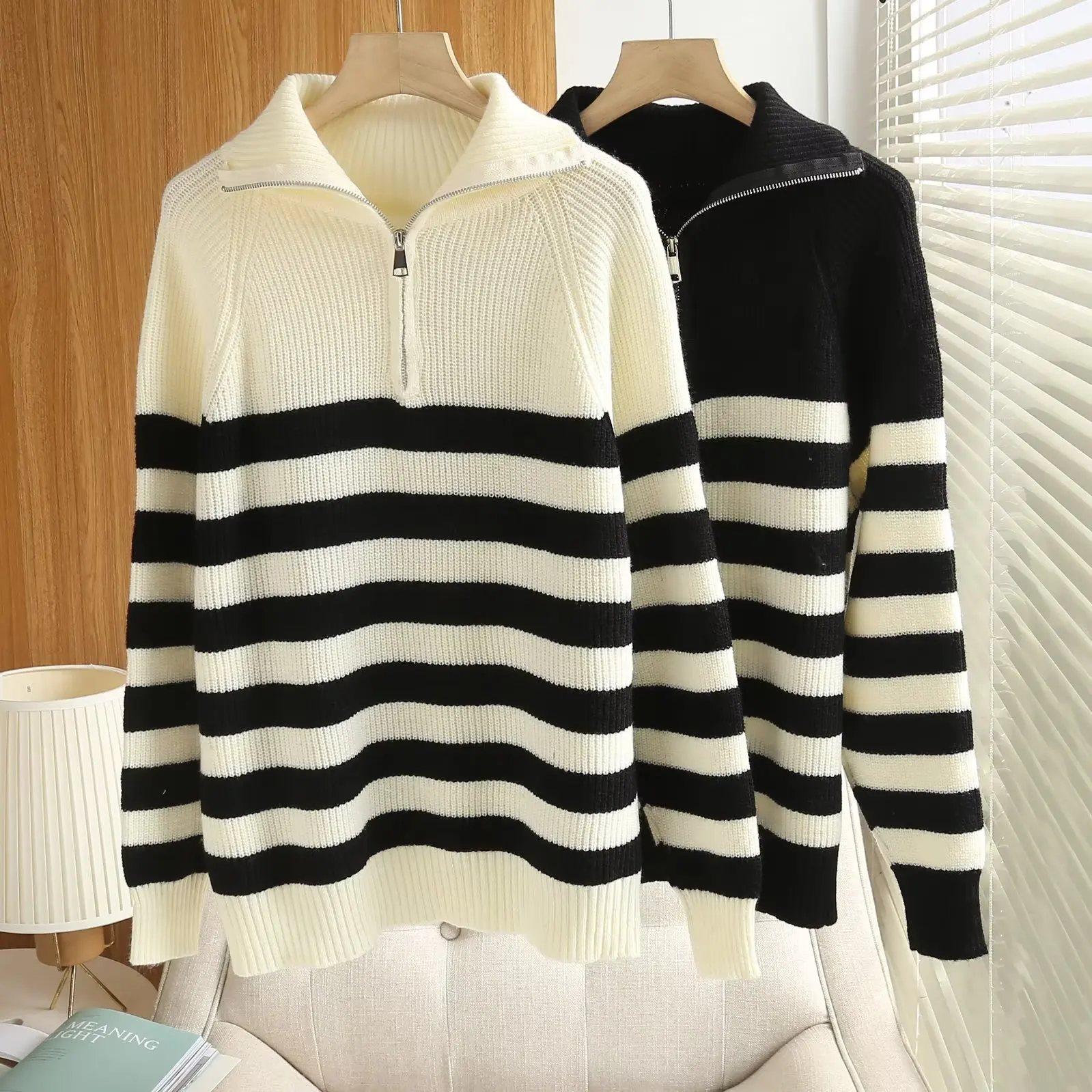 Maxdutti Winter Fashion Zipper Turtleneck Striped Sweaters Women Casual Knitwear Sweaters