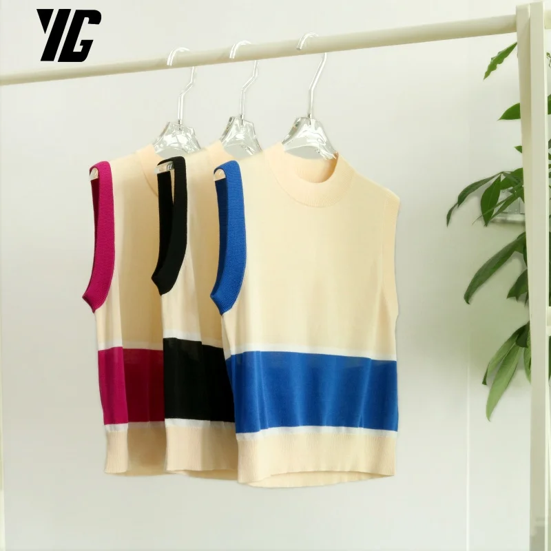 YG 2024 Summer Autumn Tops Female Korean Fashion Slim Chic Color Contrast The Style Pullover Tops Stripe Sweater Elastic Vest