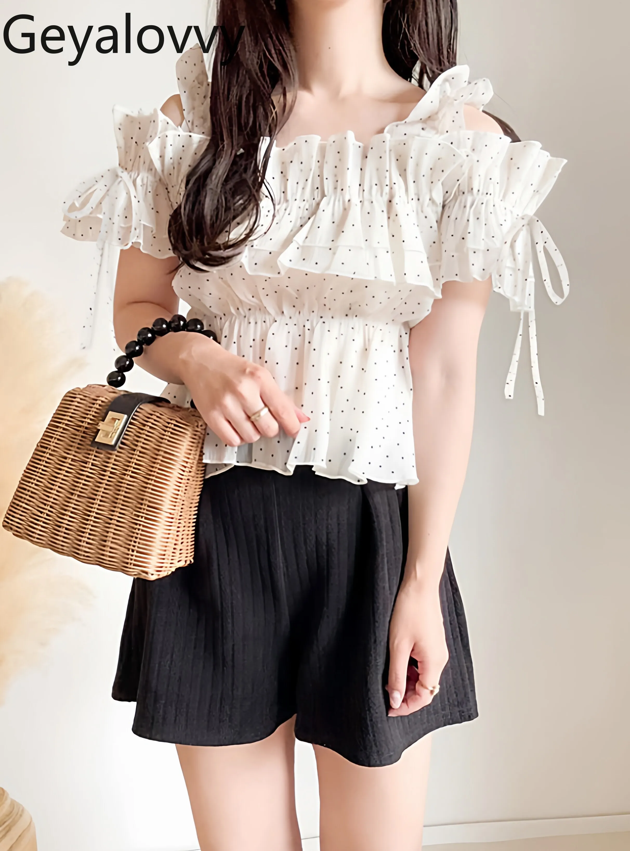 

New Japanese Style Sweet Polka Dot Ruffle Summer Shirt Bow Tie Off-shoulder Blouse Slim Fit Short Sleeve Tops for Women