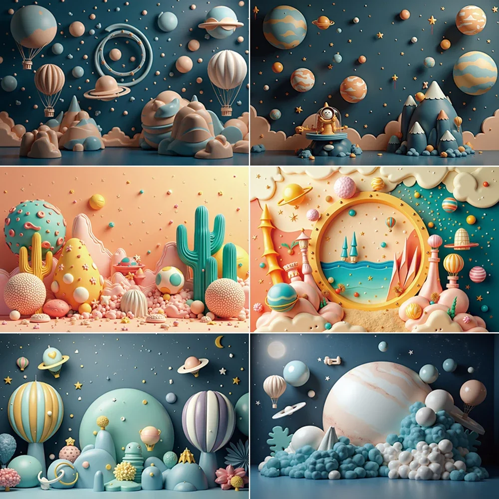 

MOON.QG 3D Cartoon Birthday Photography Backdrop Interstellar Travel Planet Astronaut Photozone Background Baby Studio Photocall