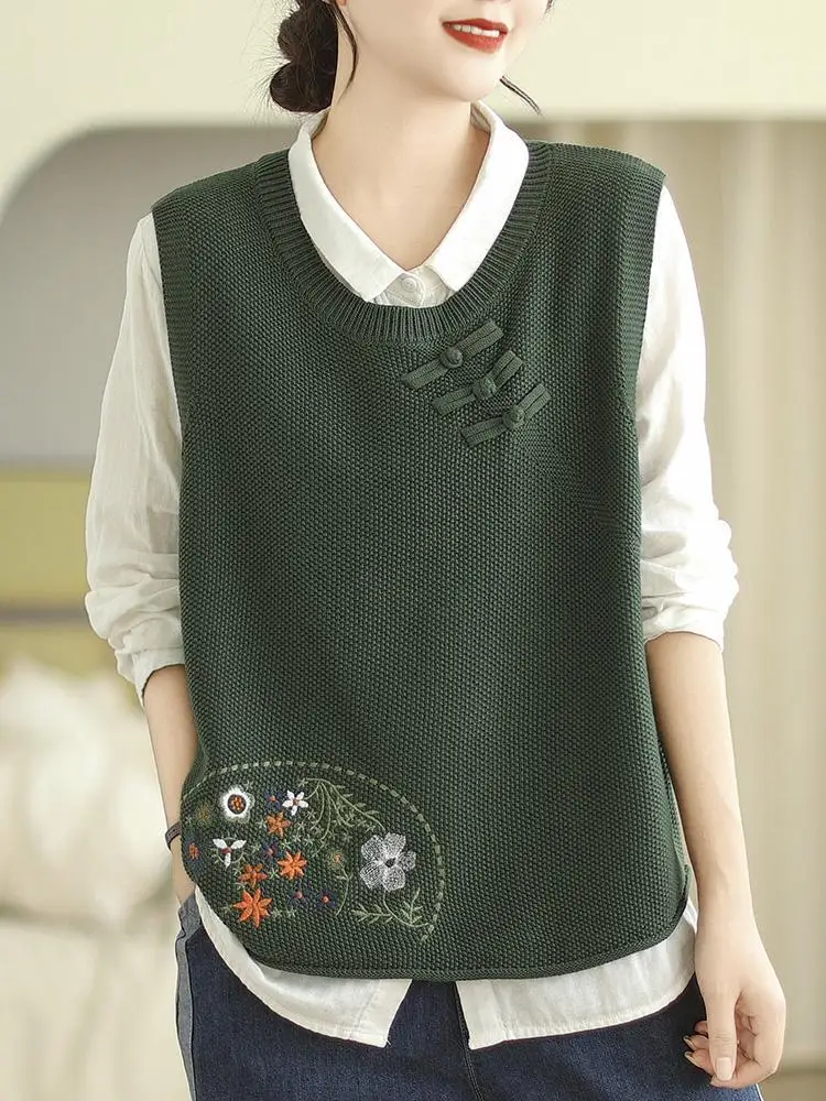 Retro Flower Embroidery Knitted Vest for Women in Spring and Autumn New Loose and Versatile Sleeveless Vest Camisole Tops