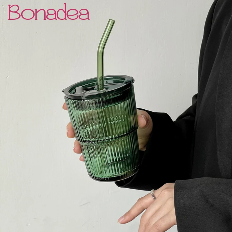 Green Retro Striped Straw Glass Portable Water Cup Juice Cup Coffee Cup Large Capacity Cup With Lid And Straw Office Home Tools