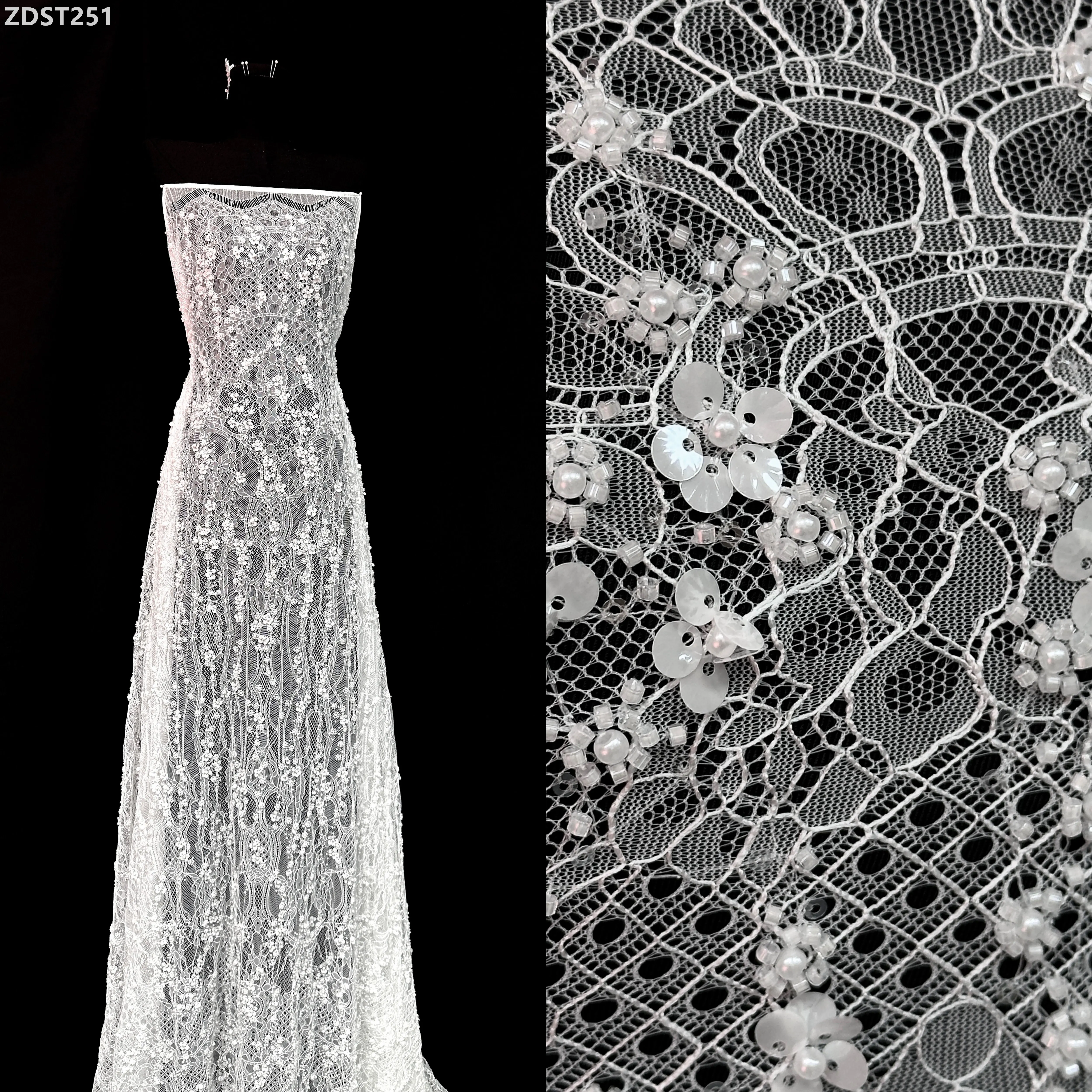 

Кружевная ткань для свадебных платьев, европейское свадебное кружево с белыми цветочными бусинами и камнями, украшенное французским кружевом, 3,3 ярда