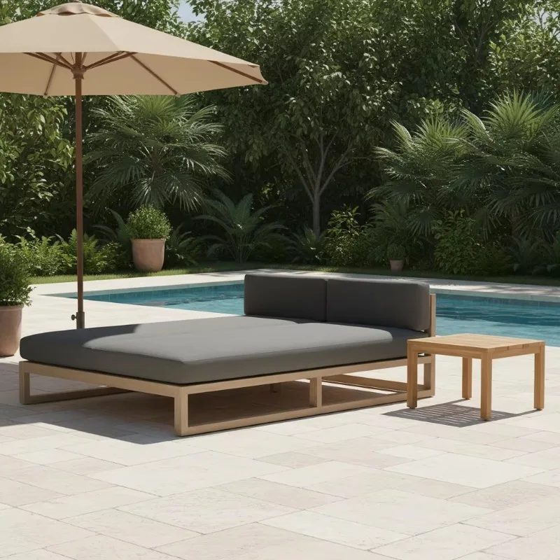 Outdoor Sunbed Furniture Double Seat Solid Teak Wood Daybed Outdoor Leisure Courtyard Lounge Chair Patio Furniture Daybed