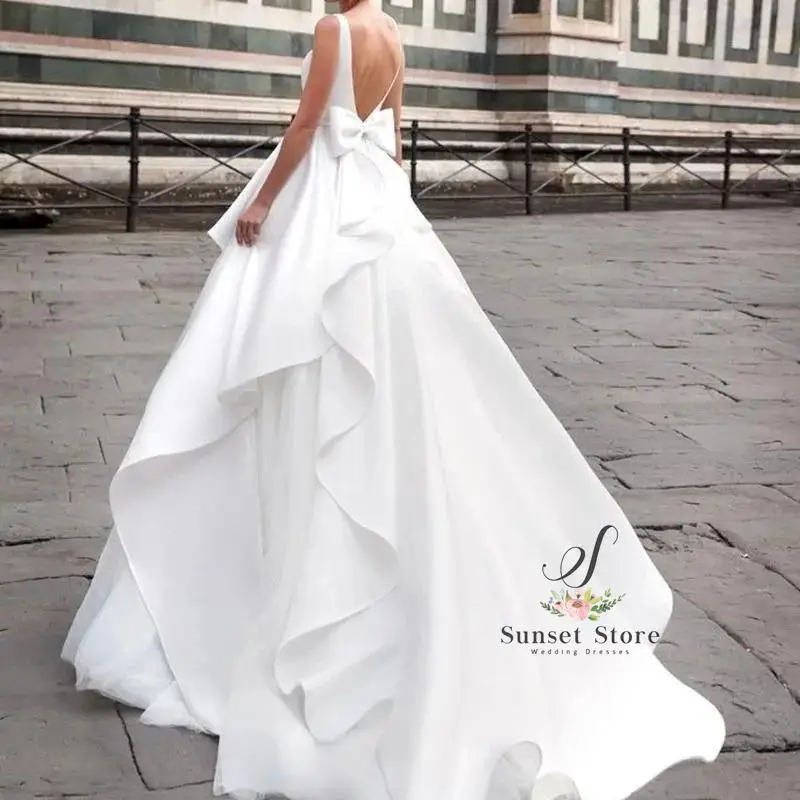 Customized Dresses Pleat Sleeveless V-Neck Sweep Train Back Bow Ruffles Elegant Women Bridal Princess Dress Vestidos 2025