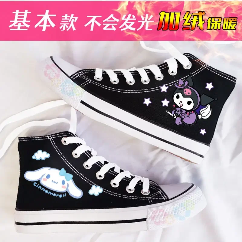 Kawaii Sanrio Hello Kitty Luminous Shoes Kuromi Cinnamoroll Anime Boy High Heel Canvas Breathable Fluffy Sneakers Couple Gifts