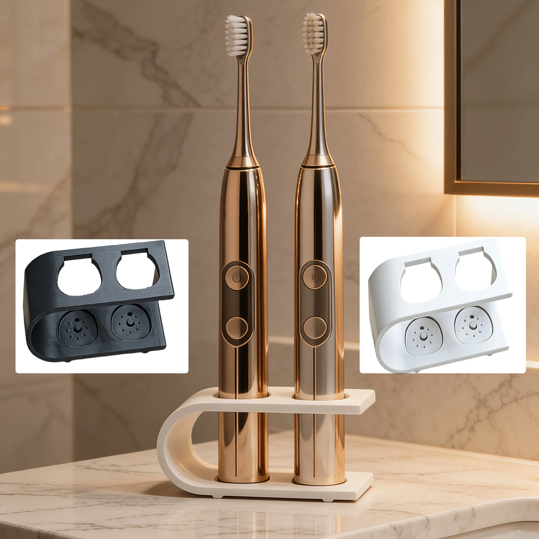 Minimalistischer Doppel-Zahnbürstenhalter - Moderner Badezimmer-Organizer für Elektrische und Manuelle Zahnbürsten, Platzsparendes Aufbewahrungsregal für die Arbeitsplatte, Stilvolles Weißes Design, Geeignet für Zuhause, Hotel oder Reisen – Detail 2