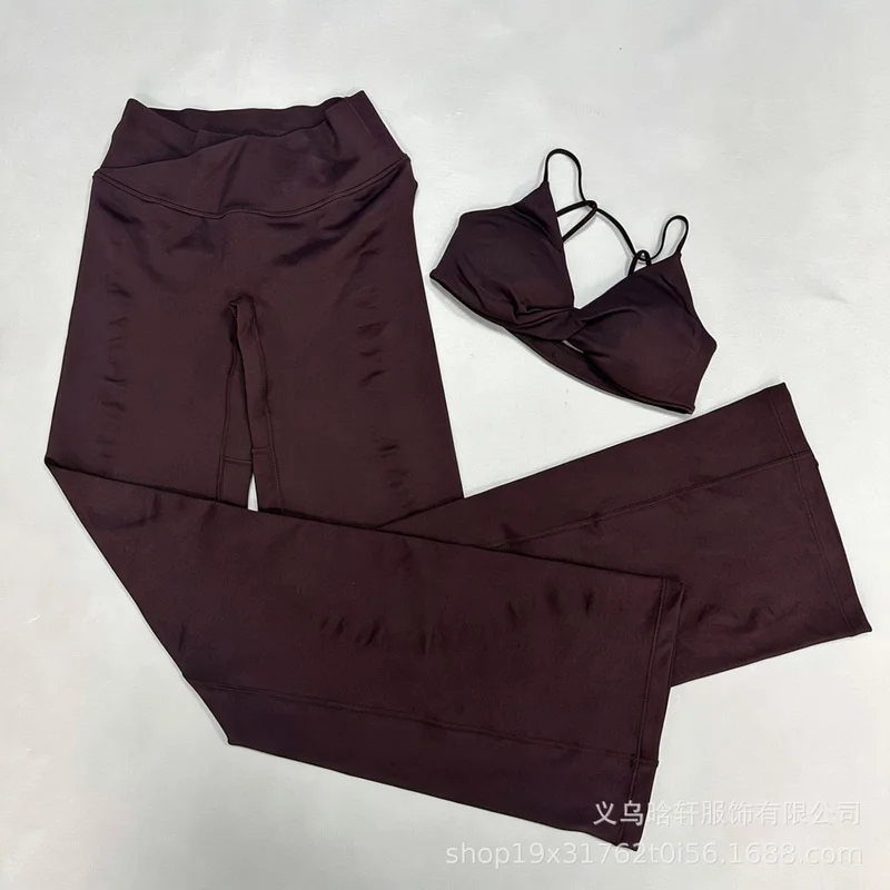 QICHE Women Matte Twist‑Knot Cami Sports Bra With Built‑In Pads Crack‑Effect Yoga Fitness Outfit Set