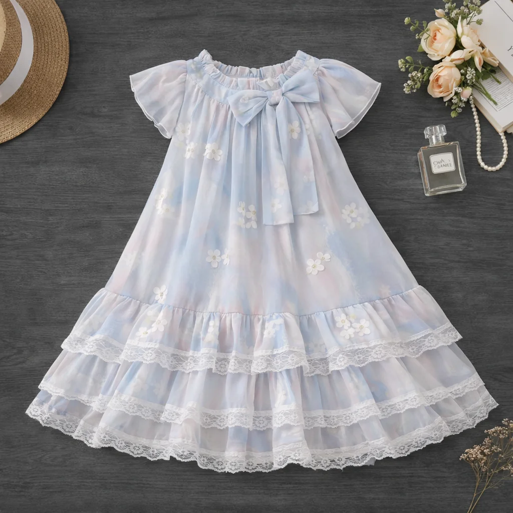 

Girls Princess Dresses Floral Embroidery Lace Trim Bow Tie Flutter Sleeve Birthday Party Dresses for Girls Layered Ruffle 6-12 Y