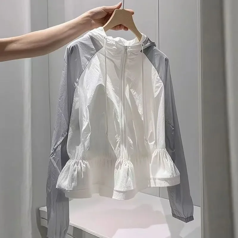 Contrast Color Sun-Protective Clothing Coat Women's 2025 Summer New Overwear Hooded Light Breathable Sunscreen Jacket Female Top