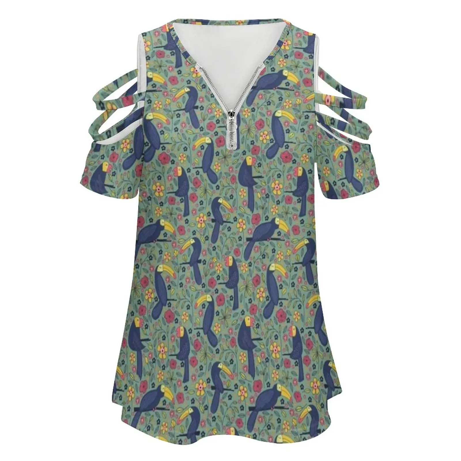 Pattern 83-Toucans And Parrots Tropical Dream Women'S T-Shirt New Fashion Printed Zipper V-Neck Short Sleeve T Shirts Casual