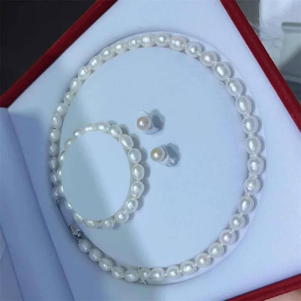 Elegant Earrings AAA8-9mm Natural White Rice Pearl Necklace 18in+Elastic Closed Bracelet 7.5-8in Set 925s