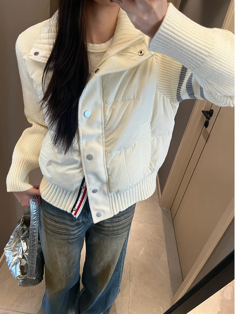 

LYHOOC Осенне-зимняя вязаная куртка-пуховик с вставками, легкая, с воротником-стойкой, универсальная повседневная верхняя одежда для женщин