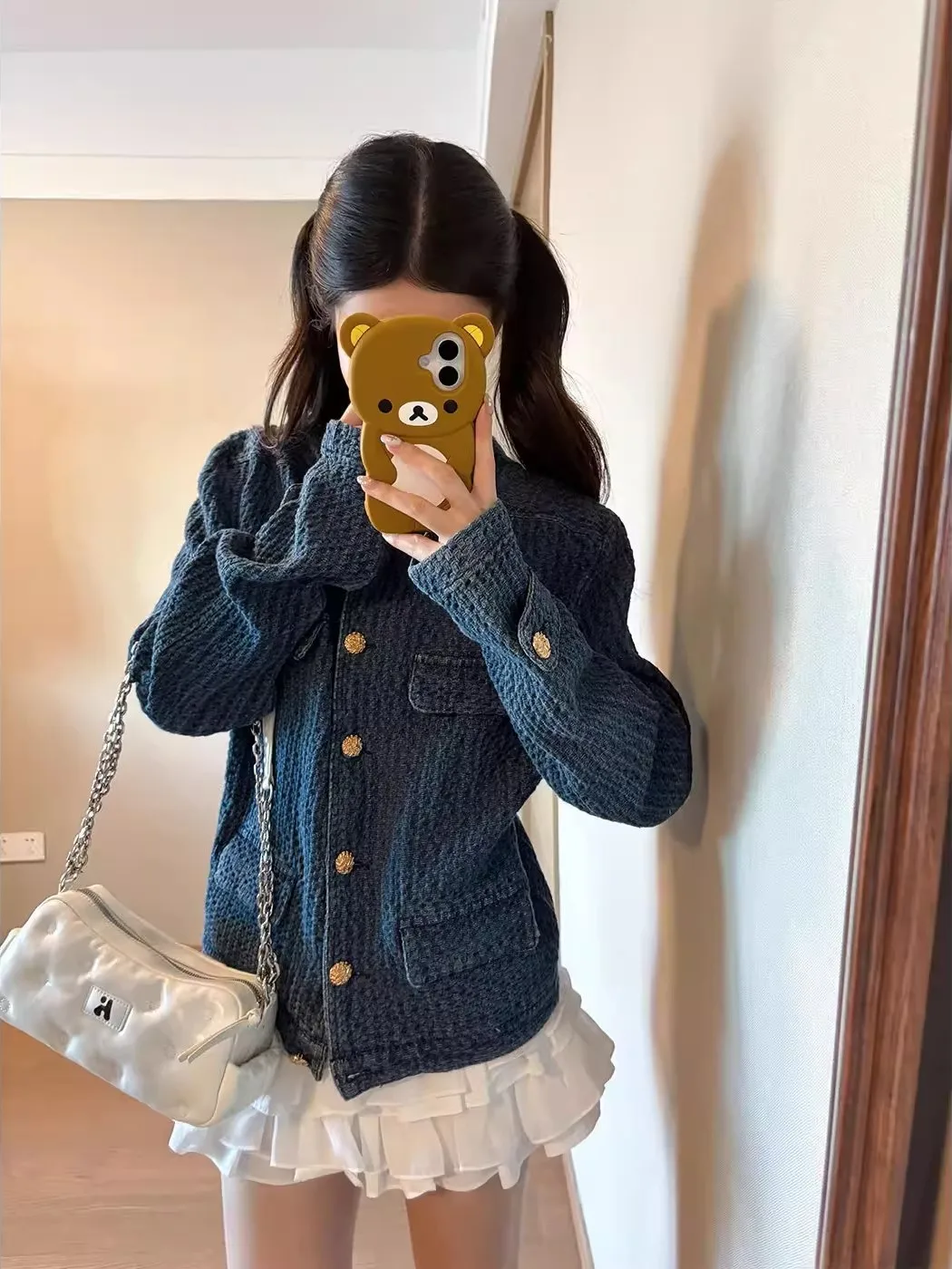 Blue Tone Texture Denim Jacket Women's Spring Autumn New Design Small Collar Jacket Top American Style Loose Fit Zipper