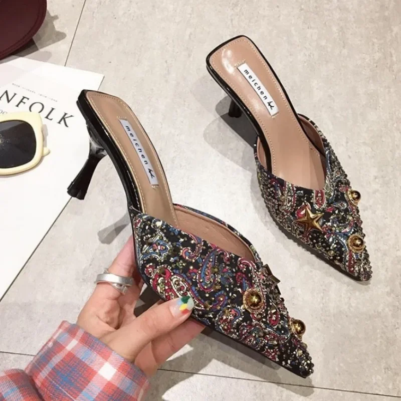 

Женские шлепанцы и сандалии с бантом на каблуке, резиновые, летние 2025, элегантные, модные, шикарные, удобные, размер 39