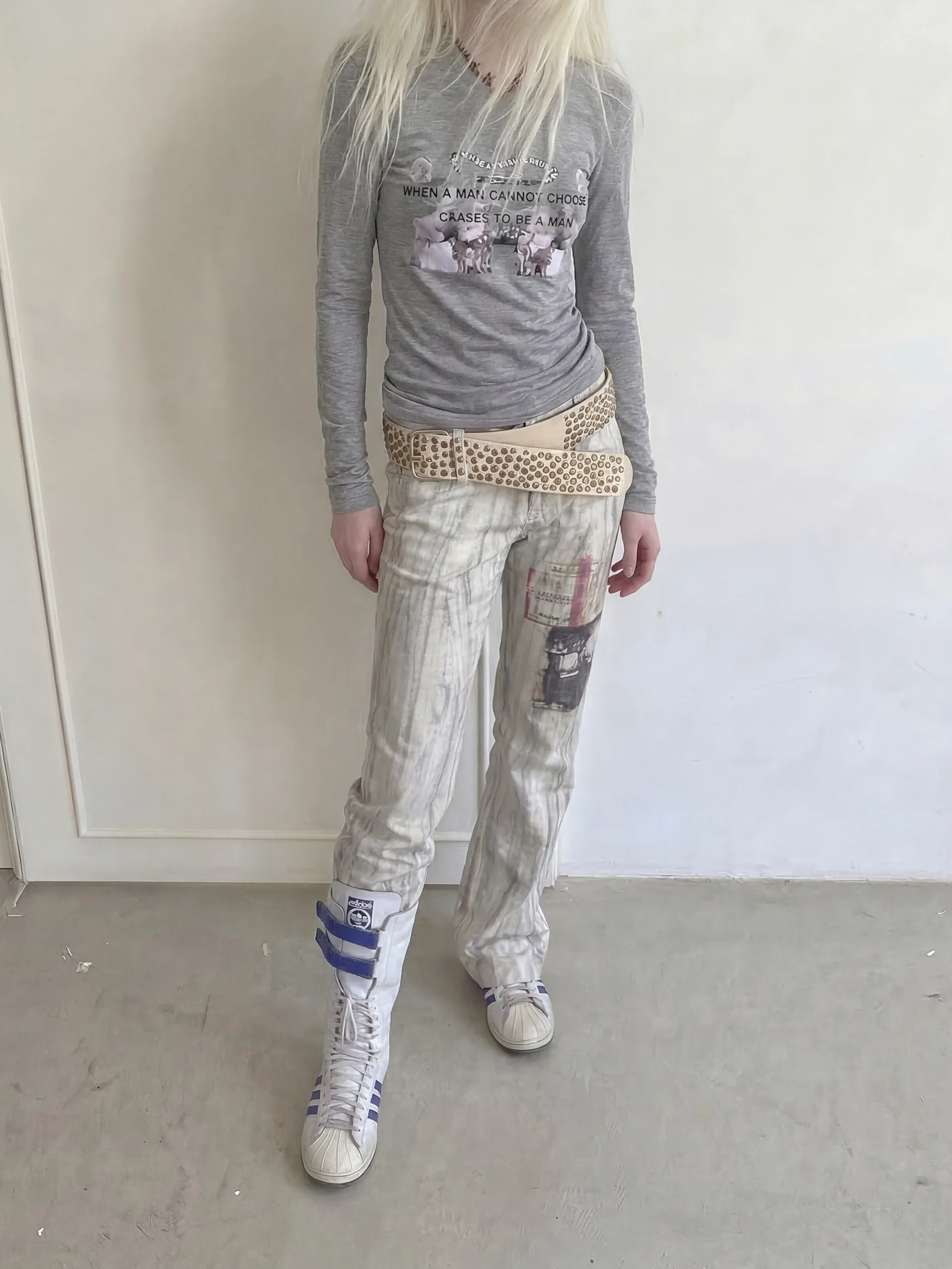 

Low Waist Flared Jeans Original White Personality Punk Music Visual Slimming Effect Cotton Blend Spring Season Youth Jeans