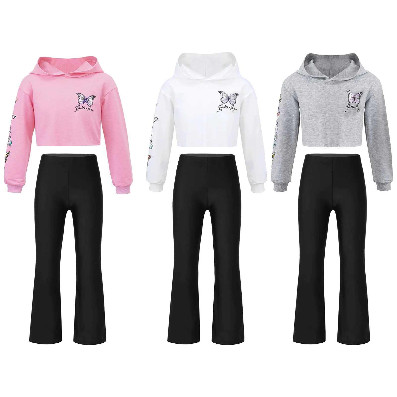 Kids Girls Casual Clothes Set Hoodies Long Sleeve Butterfly Printed Sweatshirt Crop Tops+Loose Pants for Dance Fitness Sportwear