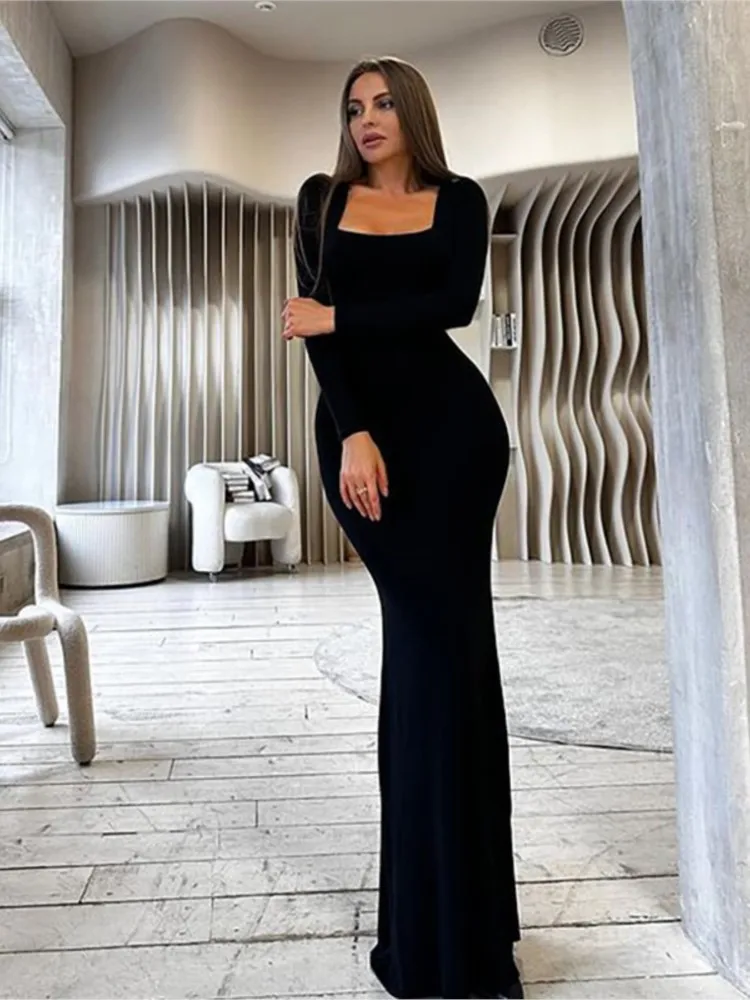 Sexy schwarz schlanke lange Kleider Frauen Langarm quadratischen Kragen niedrig geschnittenen Paket Hüfte Bodycon Maxi kleid Mode Party Club Vestidos