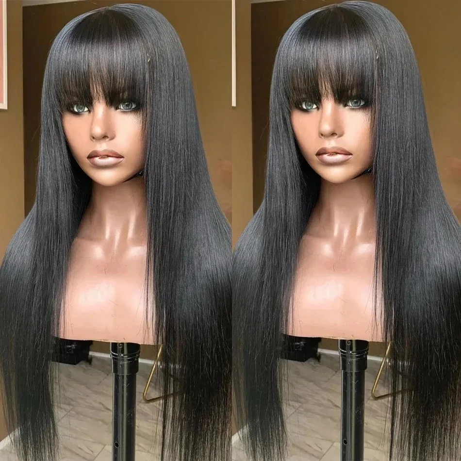 Straight Human Hair Wigs With Bangs Bone Straight Wigs For Black Women 30 32Inch Brazilian Wigs 100% Human Hair Machine Made Wig