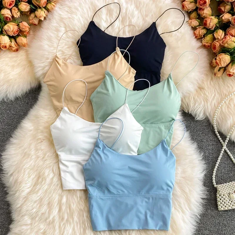 Women Summer Vest Tops Sleeveless Cotton Bustier with Pads Soft Elastic Wear-resistant Vest Crop Top Seamless Bralette Tees