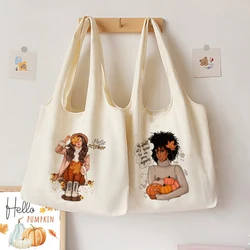 Hello Fall Girls Print Shouder Bag Hello Pumpkin Thanksgiving Halloween Canvas Bags Tote Aesthetics Autumn Festive Gift for Her