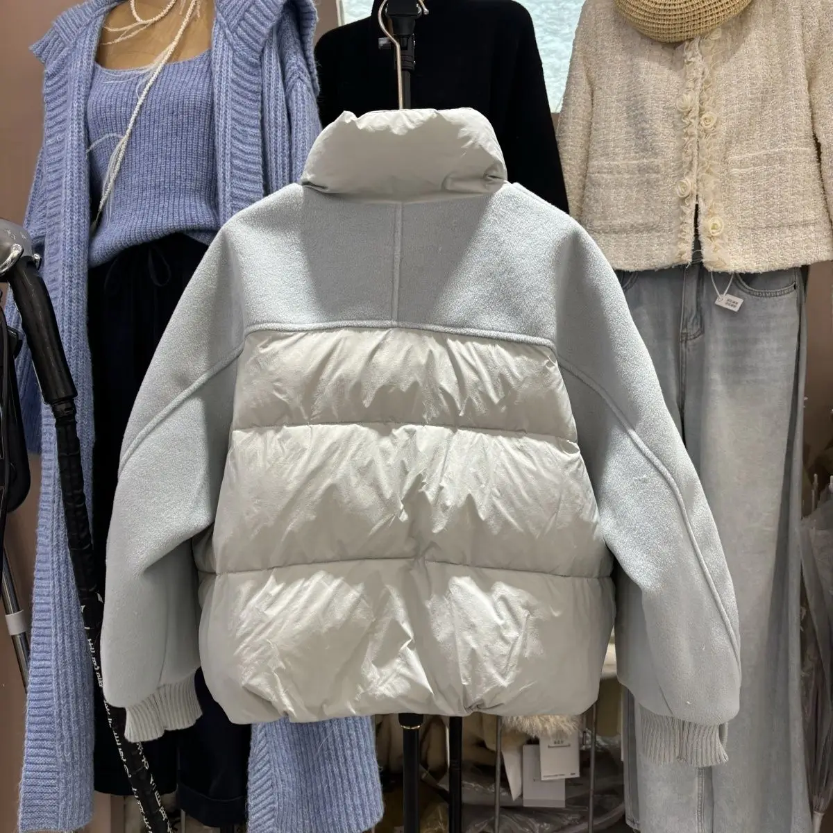 가을, 겨울 새로운 여성 다운 재킷 통근 모직 접합 스탠드 업 칼라 짧은 재킷