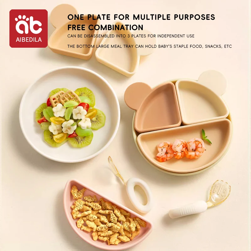 AIBEDILA Piatto Ciotola in Silicone per Bambini Piatto Diviso in 3 Dieta Piatto da Pranzo Rotondo Riutilizzabile Senza BPA Silicone Sicuro per Bambini Sala da Pranzo