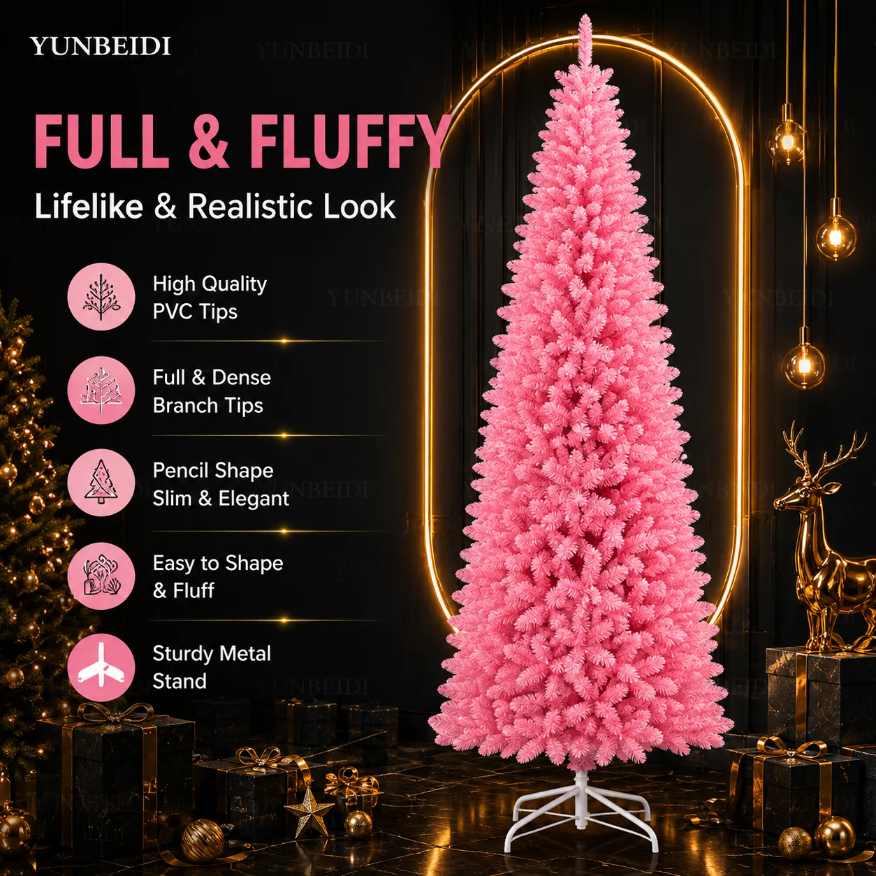 Pink Pencil Christmas Tree Slim Artificial PVC Xmas Tree 120cm-210cm Metal Stand with LED Lights Family Christmas New Year Decor