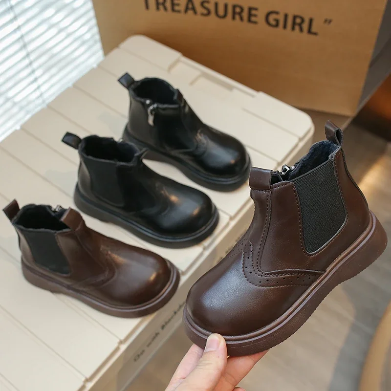Kids Fashion Girls Short Boots Brown Black PU Simple Boys Boots Zipper Children Chelsea Boots Round-toe Britain PU