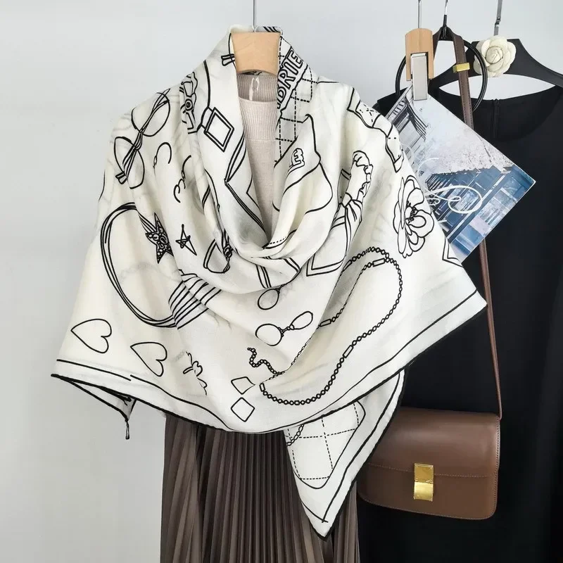 High-end Elegant Women Exquisite Ornate Accessories Double-sided Print Quality Silk Wool Hand-rolled Edge Big Square Scarf Shawl