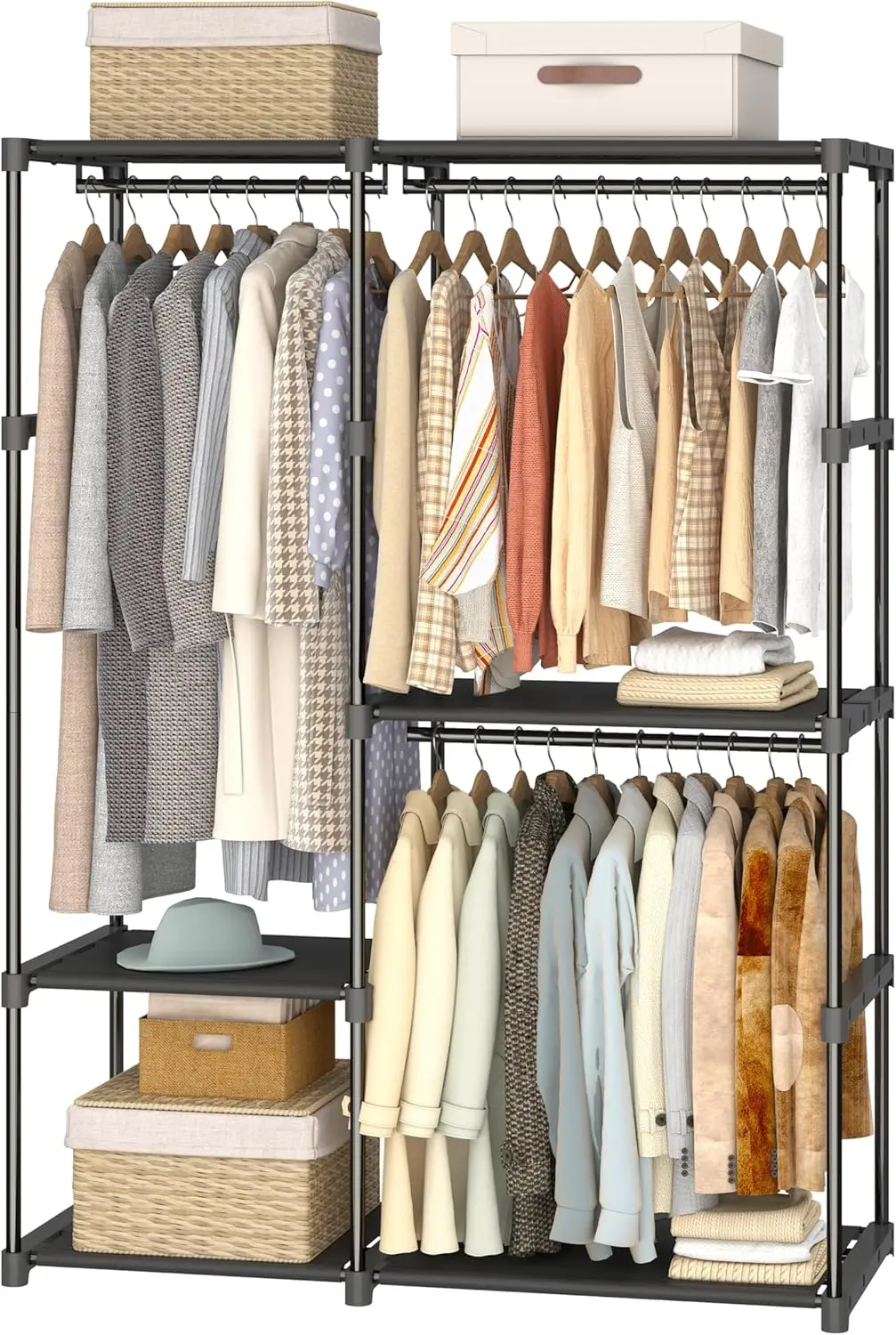 

Portable Closet Wardrobe, 49 Inch Wide Clothing Storage Organizer with 6 Shelves and 3 Hanging Rods, Non-Woven Fabric Cover, Lar