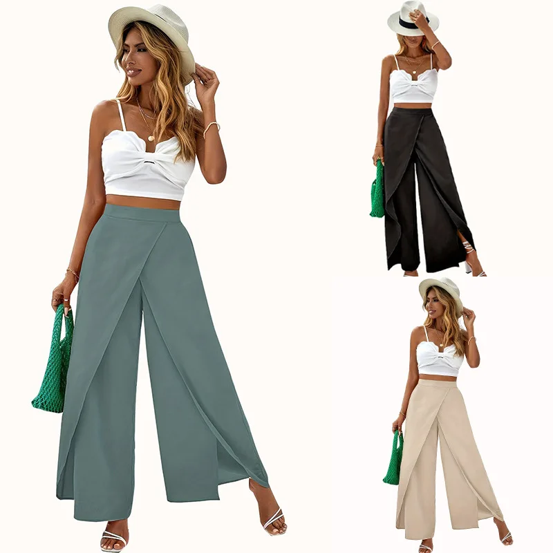 Women High Waist Wrap Wide Leg Pants Split Front Casual Flowy Summer Beach Palazzo Trousers Streetwear Women