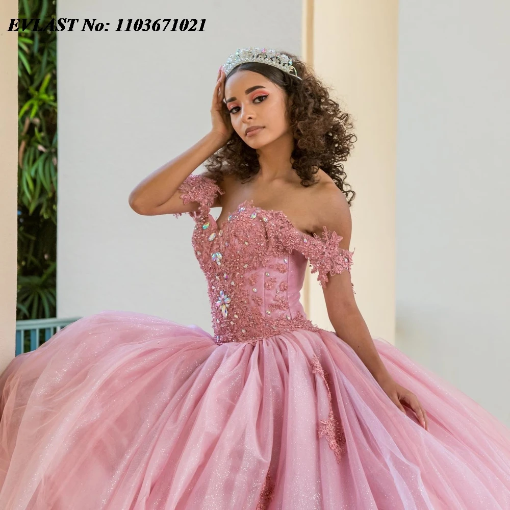 EVLAST Glitter Charro Pink Quinnceanera Dress Ball Gown Lace Applique Beading Mexican Corset Sweet 16 Vestidos De 15 Anos SQ588