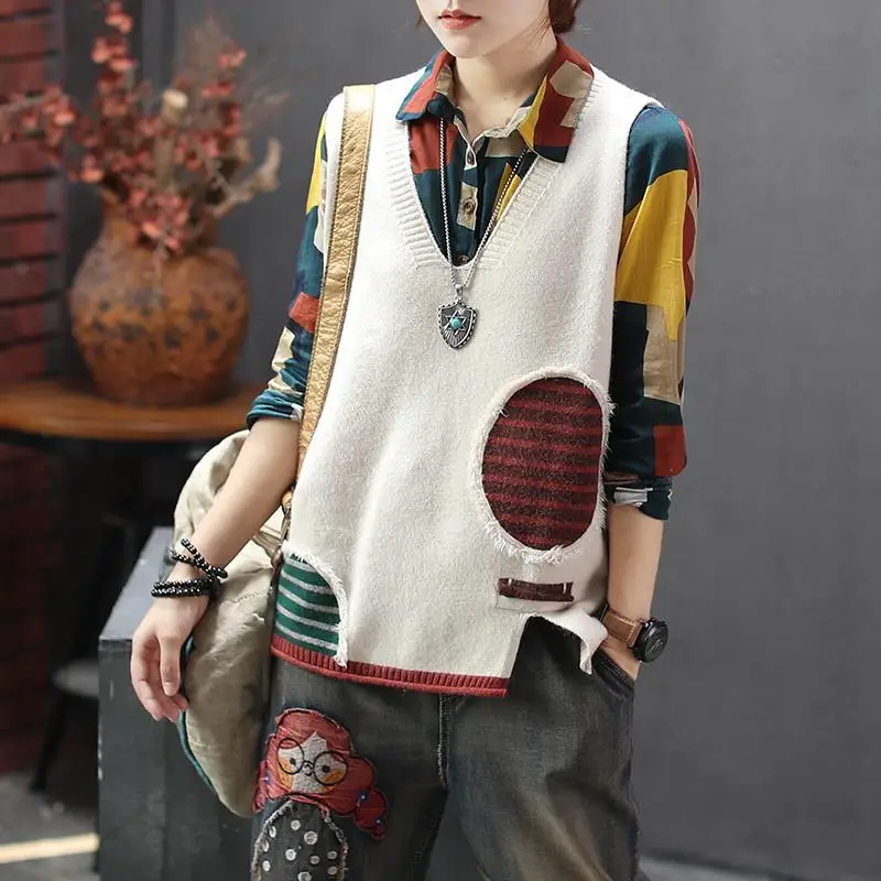 Vintage Dames Trui Vest Lente Herfst Nieuwe Mouwloze V-Hals Contrast Kleur Losse Koreaanse Mode Casual Gebreide Tops