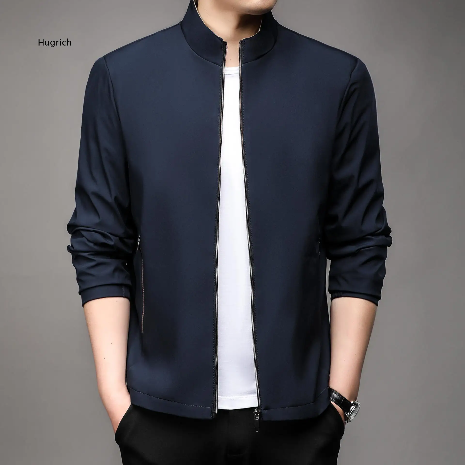 Men Stand Collar Jacket For Middle Aged Fathers Loose Casual Outer Coat Simple Solid Design For Autumn Daily Wear And Multiple D