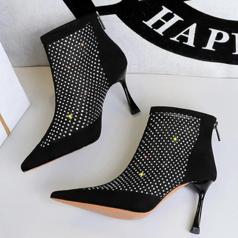 

BIGTREE Street Style 2026 Spring Autumn Sexy Mesh Rhinestones Women Boots Breathable Stiletto Heeled Rear Zipper Sandals