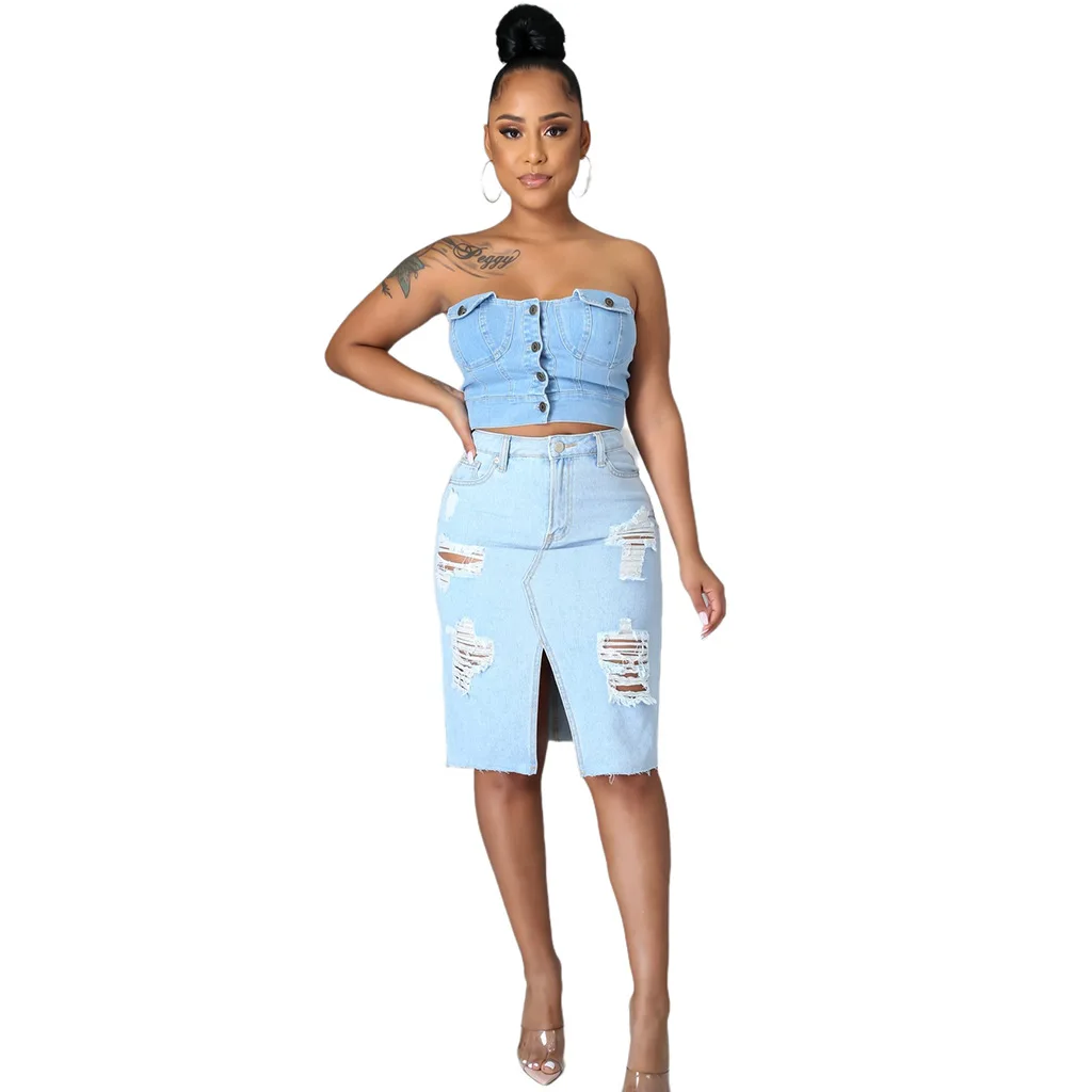 Mode Veelzijdige Gescheurde Heup Wrap Denim Stretch Rok Voor Vrouwen