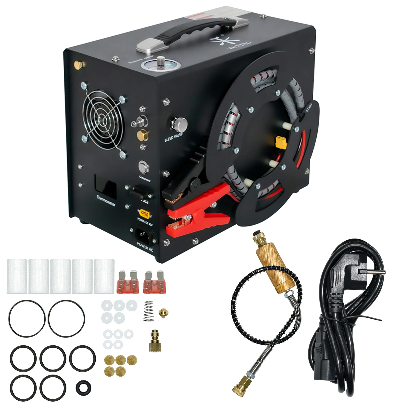 

TUXING TXES062 4500Psi 300Bar 12V PCP Air Compressor Portable High Pressure Air Compressor Auto-stop with Wire Spool 12V Power
