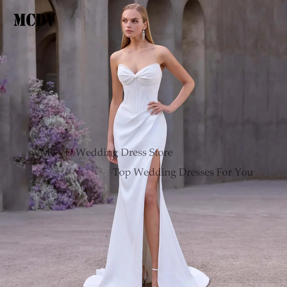 

MCDV Classic Mermaid Wedding Dress For Brides Pearls Sweetheart Pleat Tank Sleeveless Satin Split Vestido De Noiva Customized