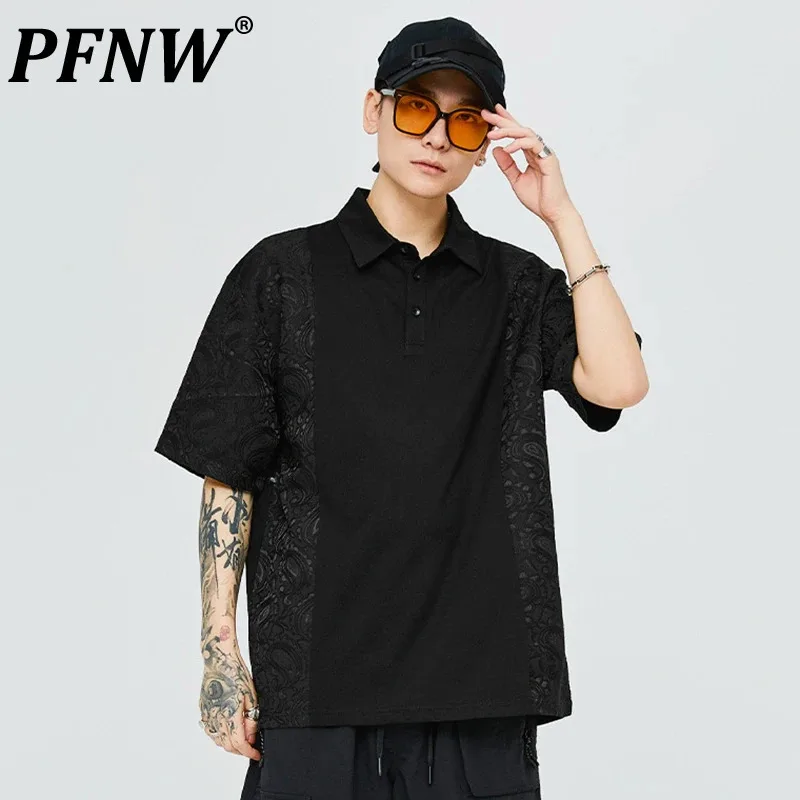 

PFNW 2024 Summer New Men's T-shirts Short Sleeved Niche Design Paisley Printing Patchwork Turn-down Collar Male Tops 12C727