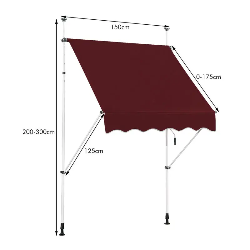 Picture 8: Manual Retractable Awning 150x125CM Adjustable Height 2-3M No Drilling Metal and Fabric for Window Balcony or Garden Red