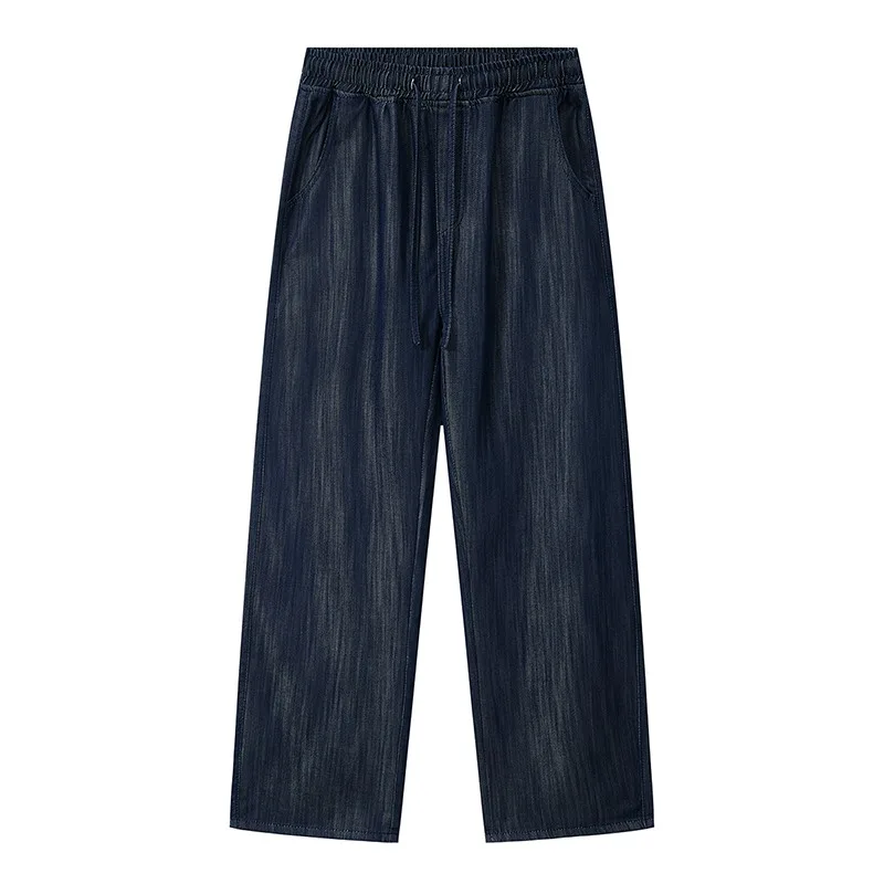 Men New Washed Slub Lyocell Denim Jeans Loose Minimalist Old Money Style Versatile Straight Fit Casual Long Trousers
