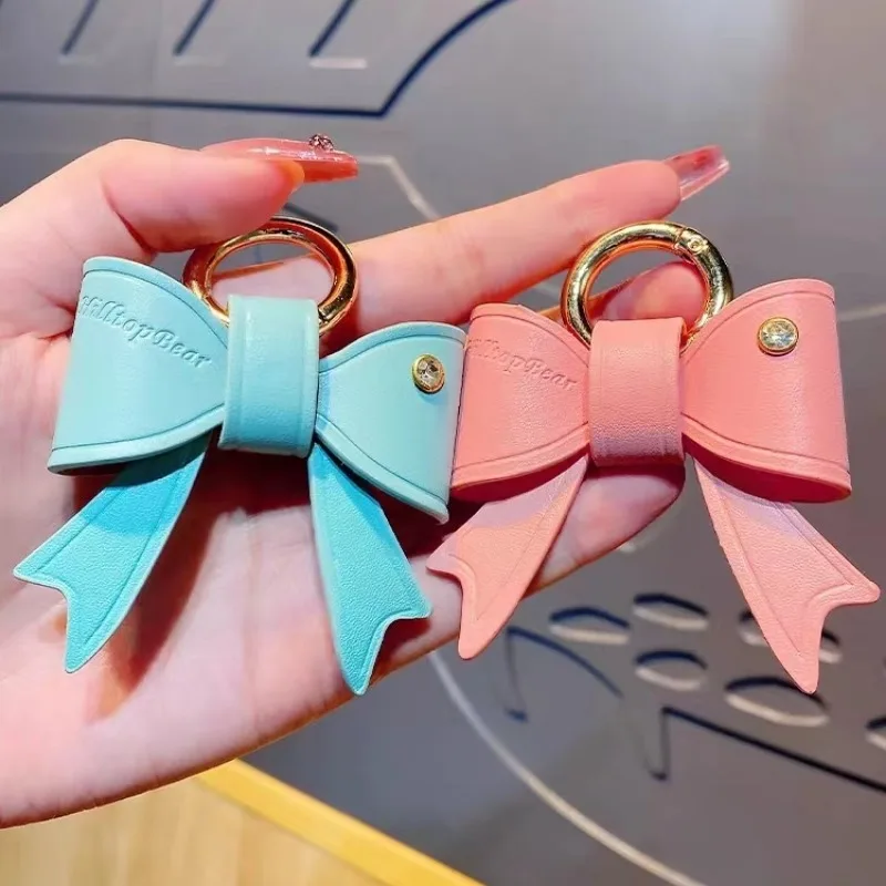 Lovely Pink Bowknot Keyring Pendant 3 Styles Bow Car Keychain Accessories Soft Blue Leather Key Chains for Women Fashion Jewelry