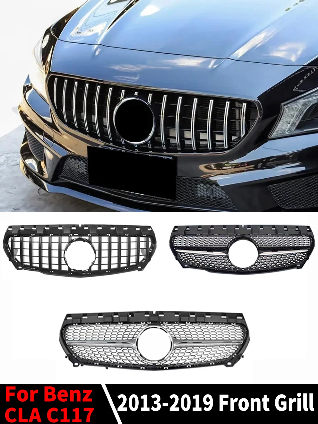 Atrapa chłodnicy w stylu GT Diamond do Mercedes Benz CLA C117 W117 2013-2019, pasuje do modeli 180 200 220 260, sportowa siatka na zderzak. — 2