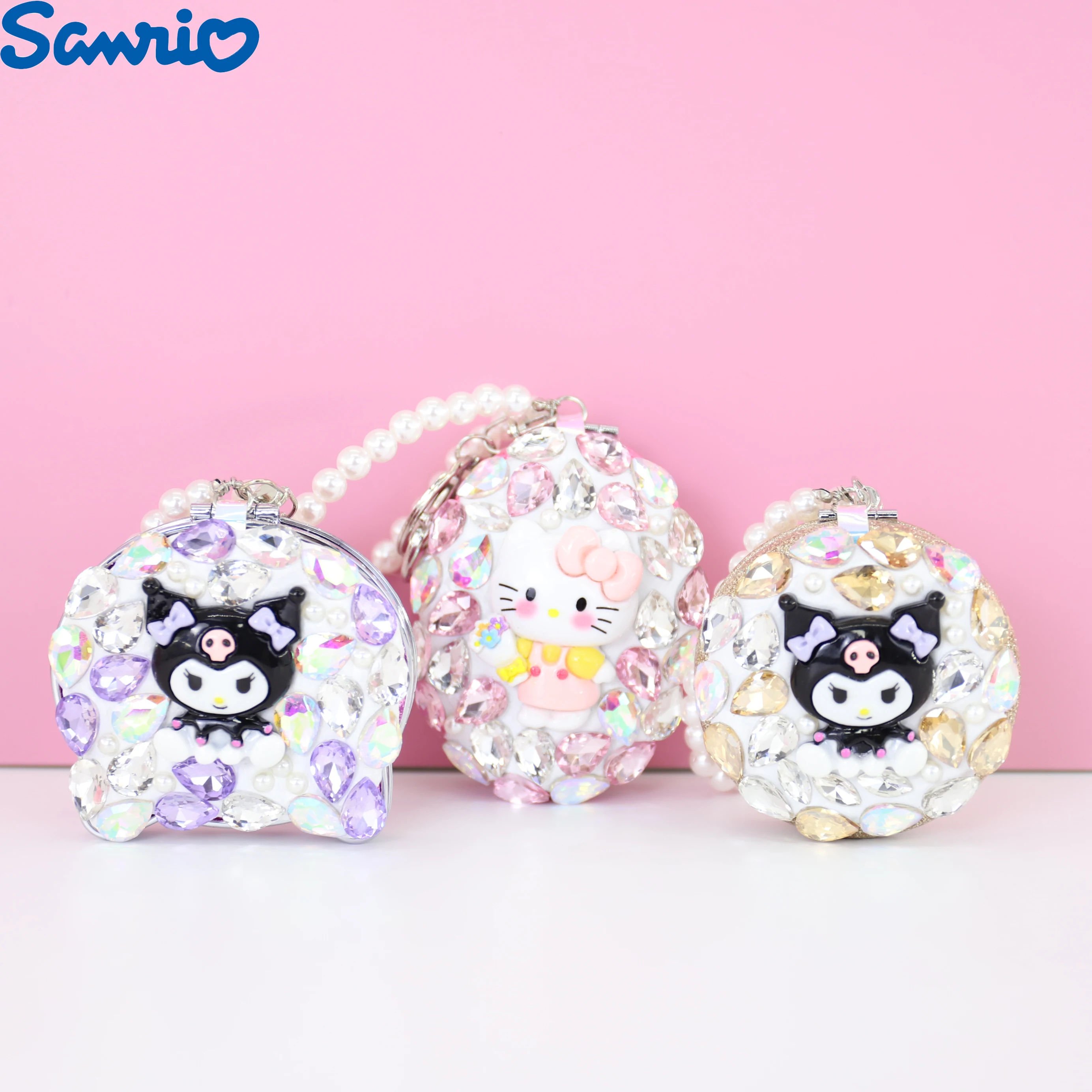 

Sanrio portable mirror cream glue diamond hello kitty student portable folding leather mirror girl heart girlfriend makeup mirro