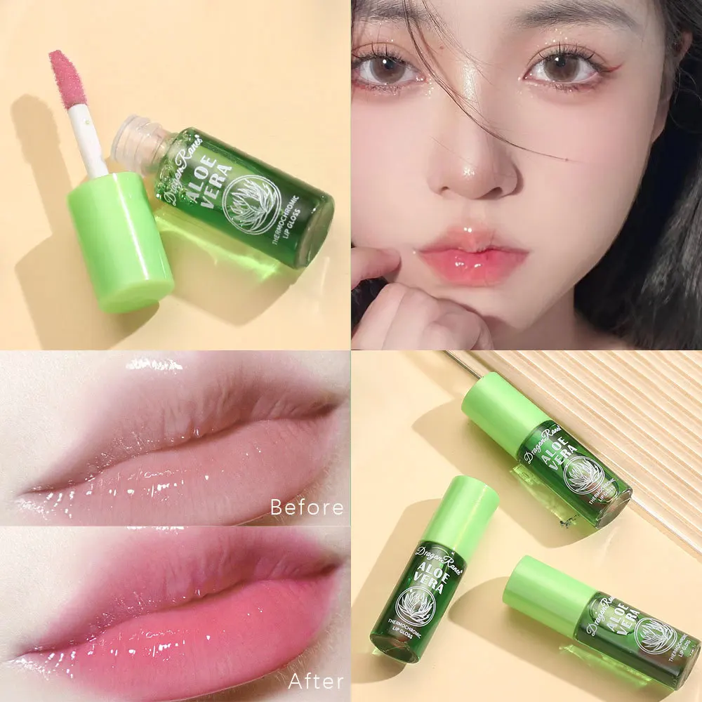 Aloe Vera Cambia colore Olio per labbra Idratante Naturale Aloe Lip Gloss Rosa ciliegia Cambia di temperatura Balsamo per le labbra Nutriente Cura delle labbra